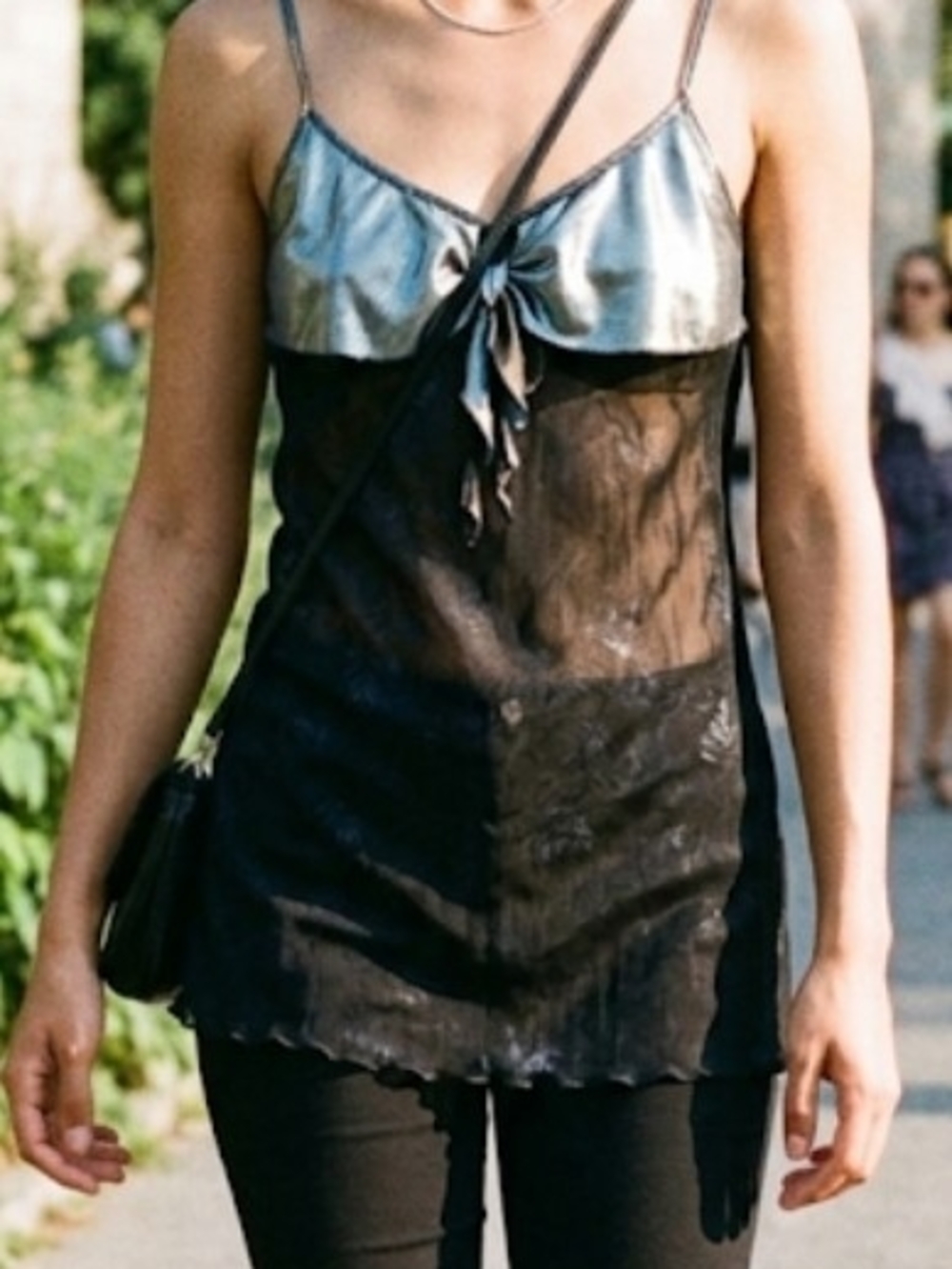 Sheer Vintage Black Slip Top with Silver/Blue Satin Bust (S) Avante Garde Trendy